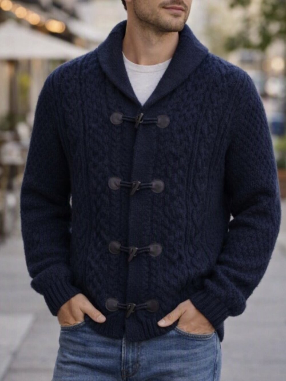 Vintage JP Uomo Firenze Wool-Blend Cardigan Sweater L Cable Knit Shawl Collar